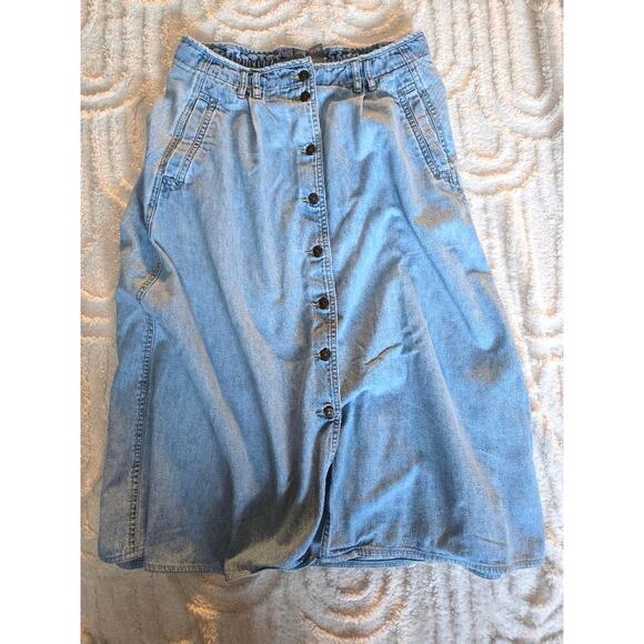 Vintage Lizwear Denim Button-Front Midi Skirt – Size 10 Petite – High Waist - Picture 1 of 5